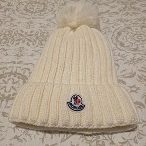 Moncler Ivory Knit Hat with Pom-Pom